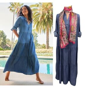 Chicos 0.5 Denim Blue Lyocell Maxi Tiered Dress Scarf Bundle Women Sz 6 Boho Lot